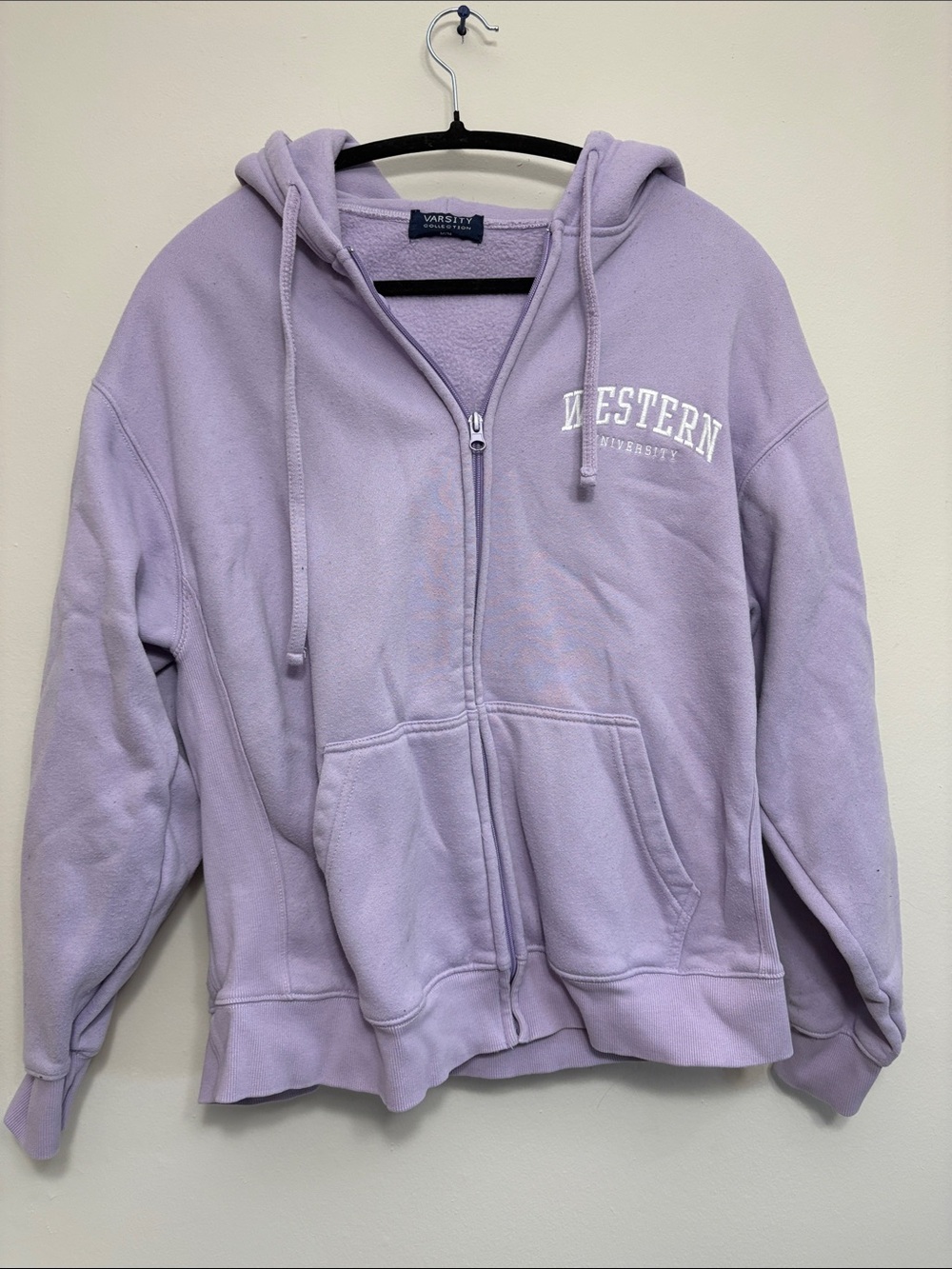 Varsity Lavender Zip-Up Hoodie Sweater with White Lettering Western University